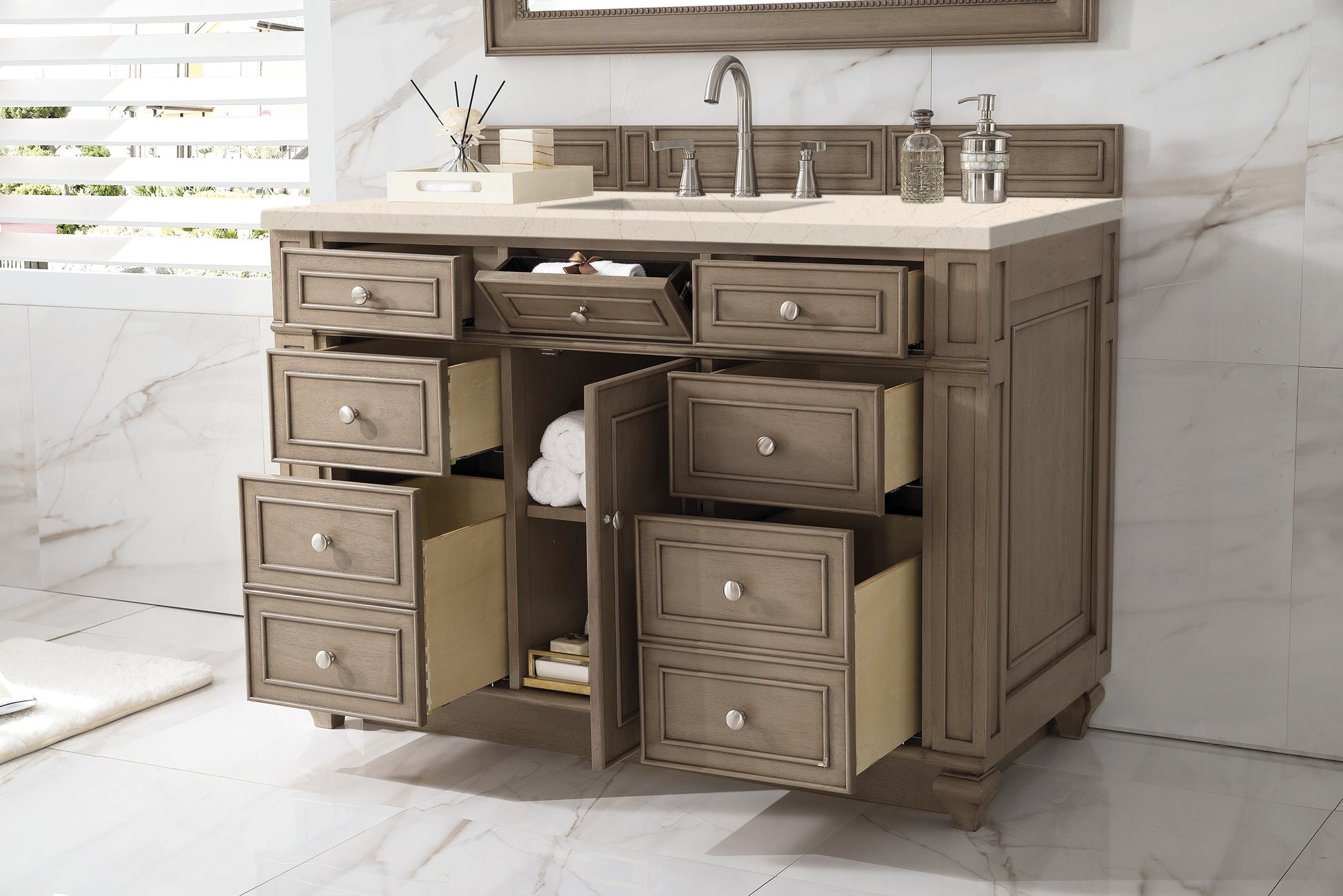 Bristol 48" Single Vanity, Whitewashed Walnut, w/ 3 CM Eternal Marfil Quartz Top James Martin Vanities