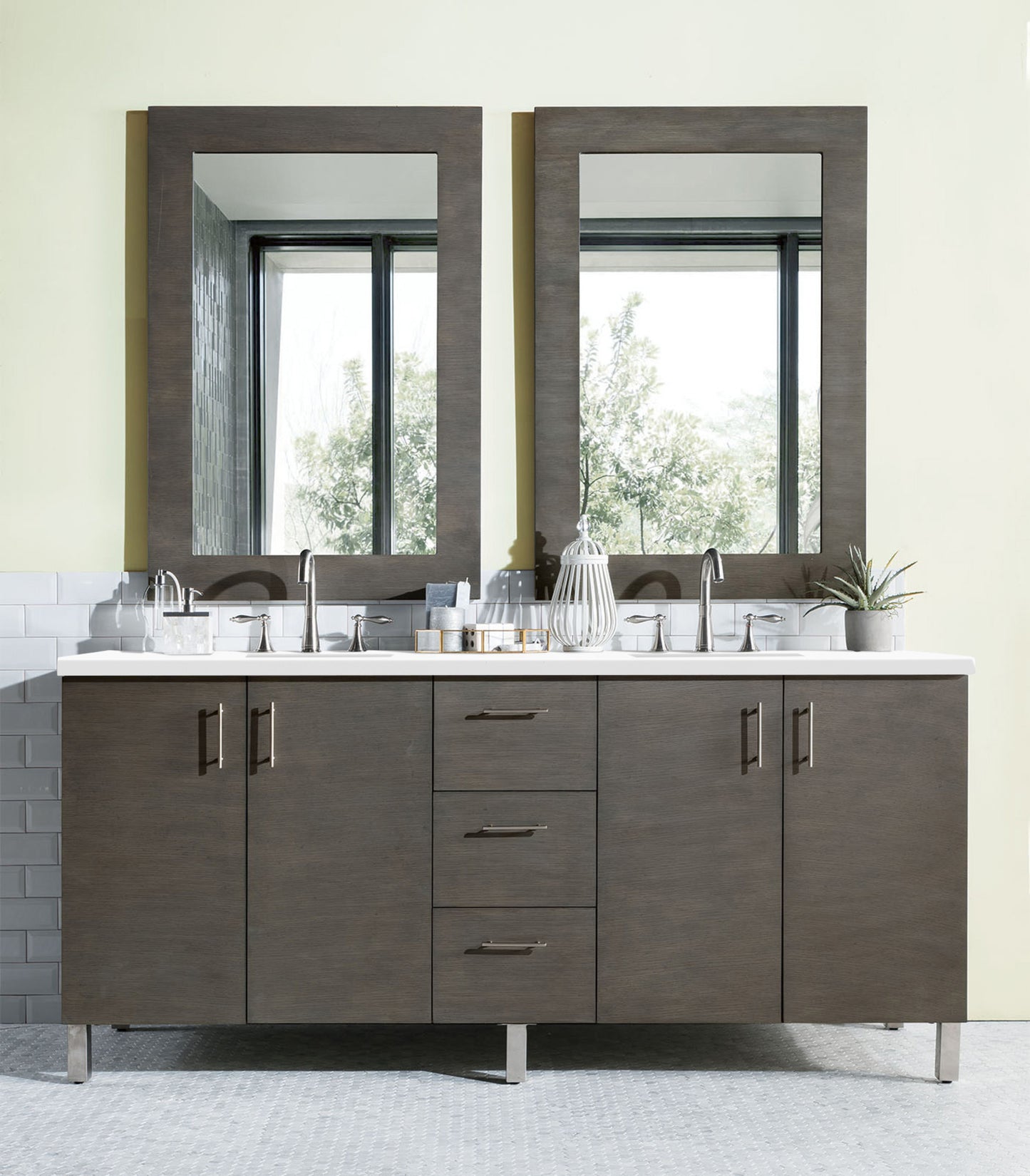 Metropolitan 72" Double Vanity, Silver Oak, w/ 3 CM White Zeus Quartz Top James Martin Vanities