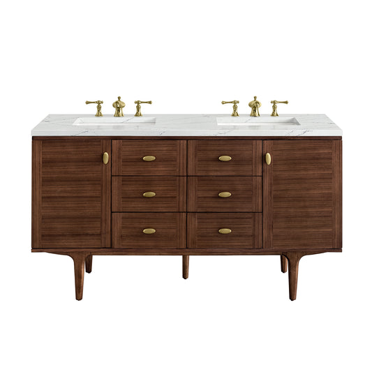 Amberly 60" Double Vanity, Mid-Century Walnut w/ 3CM Ethereal Noctis Top James Martin Vanities