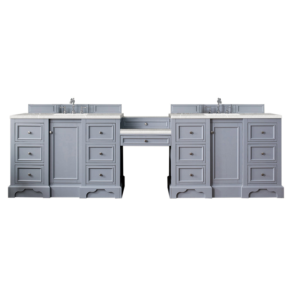 De Soto 118" Double Vanity Set, Silver Gray w/ Makeup Table, 3 CM Eternal Serena Quartz Top James Martin