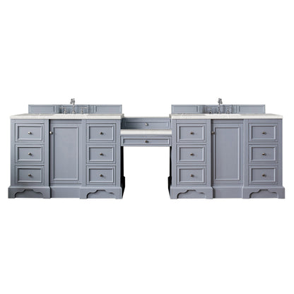 De Soto 118" Double Vanity Set, Silver Gray w/ Makeup Table, 3 CM Eternal Serena Quartz Top James Martin