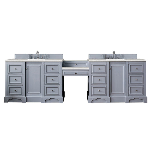 De Soto 118" Double Vanity Set, Silver Gray w/ Makeup Table, 3 CM Eternal Serena Quartz Top James Martin