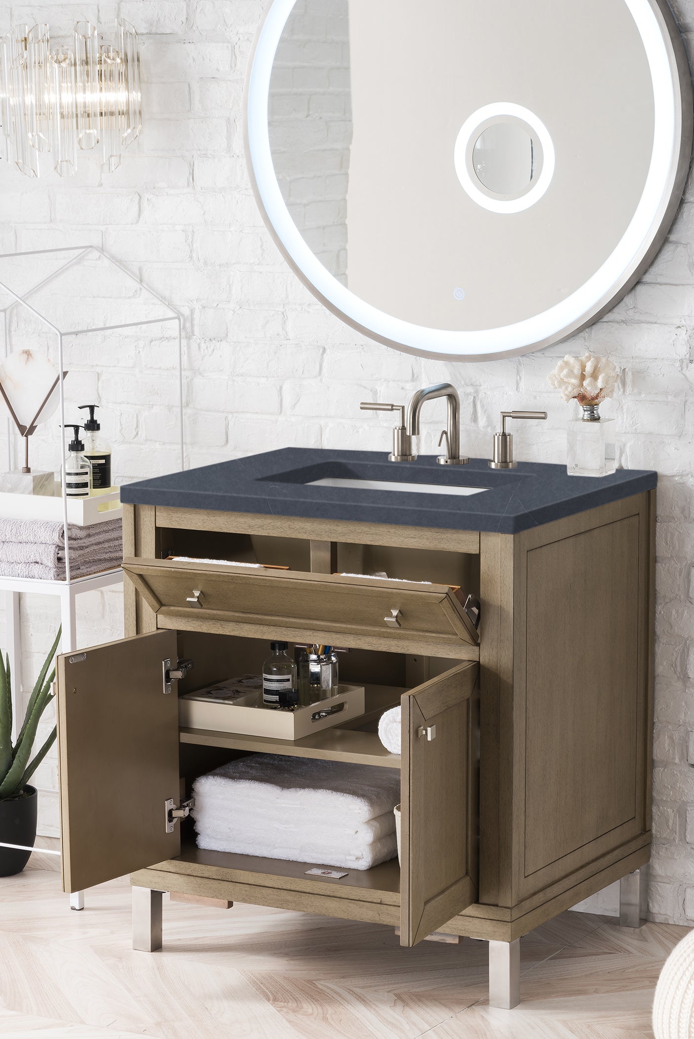 Chicago 30" Single Vanity, Whitewashed Walnut w/ 3 CM Charcoal Soapstone Quartz Top James Martin Vanities