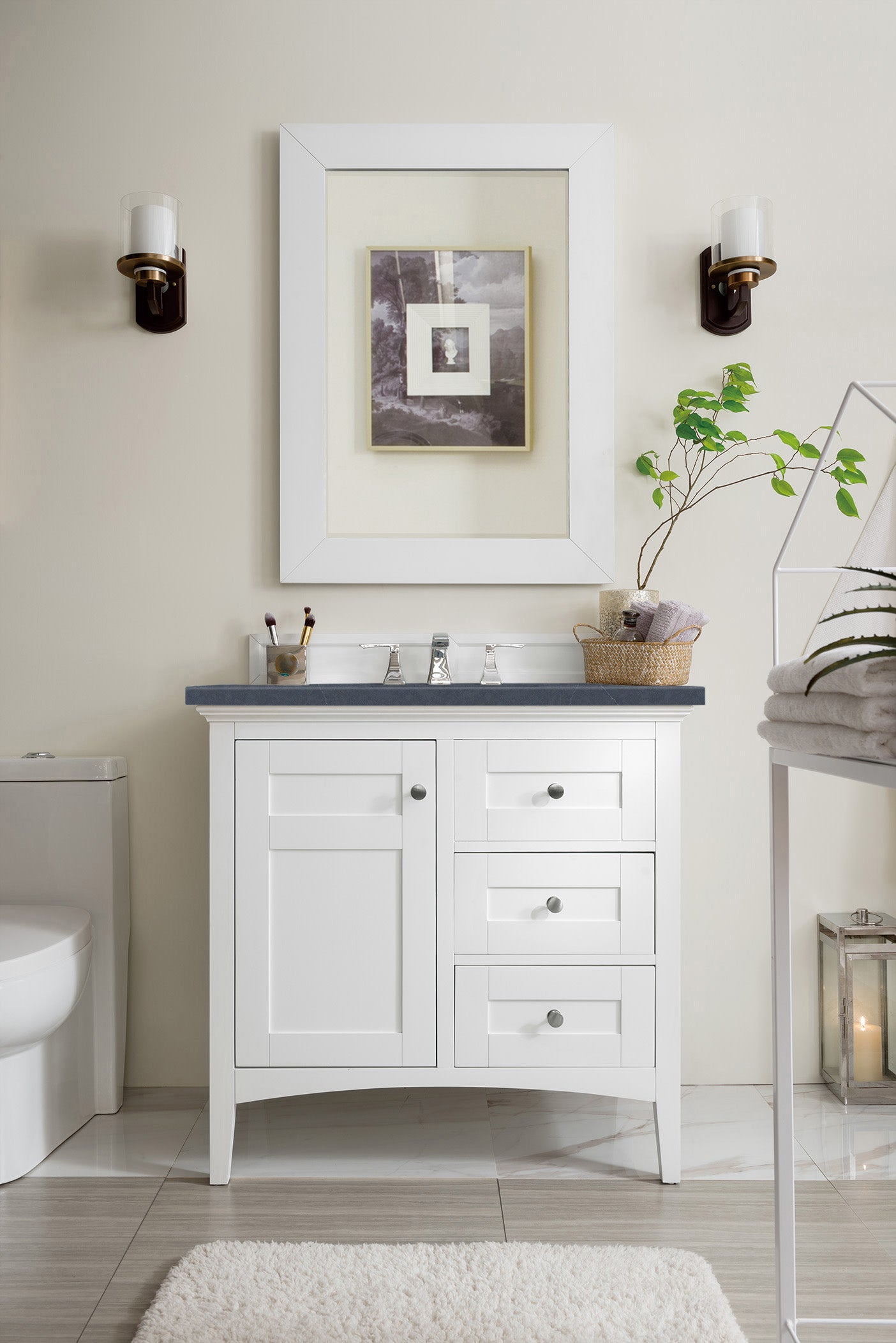 Palisades 36" Single Vanity, Bright White, w/ 3 CM Charcoal Soapstone Quartz Top James Martin Vanities