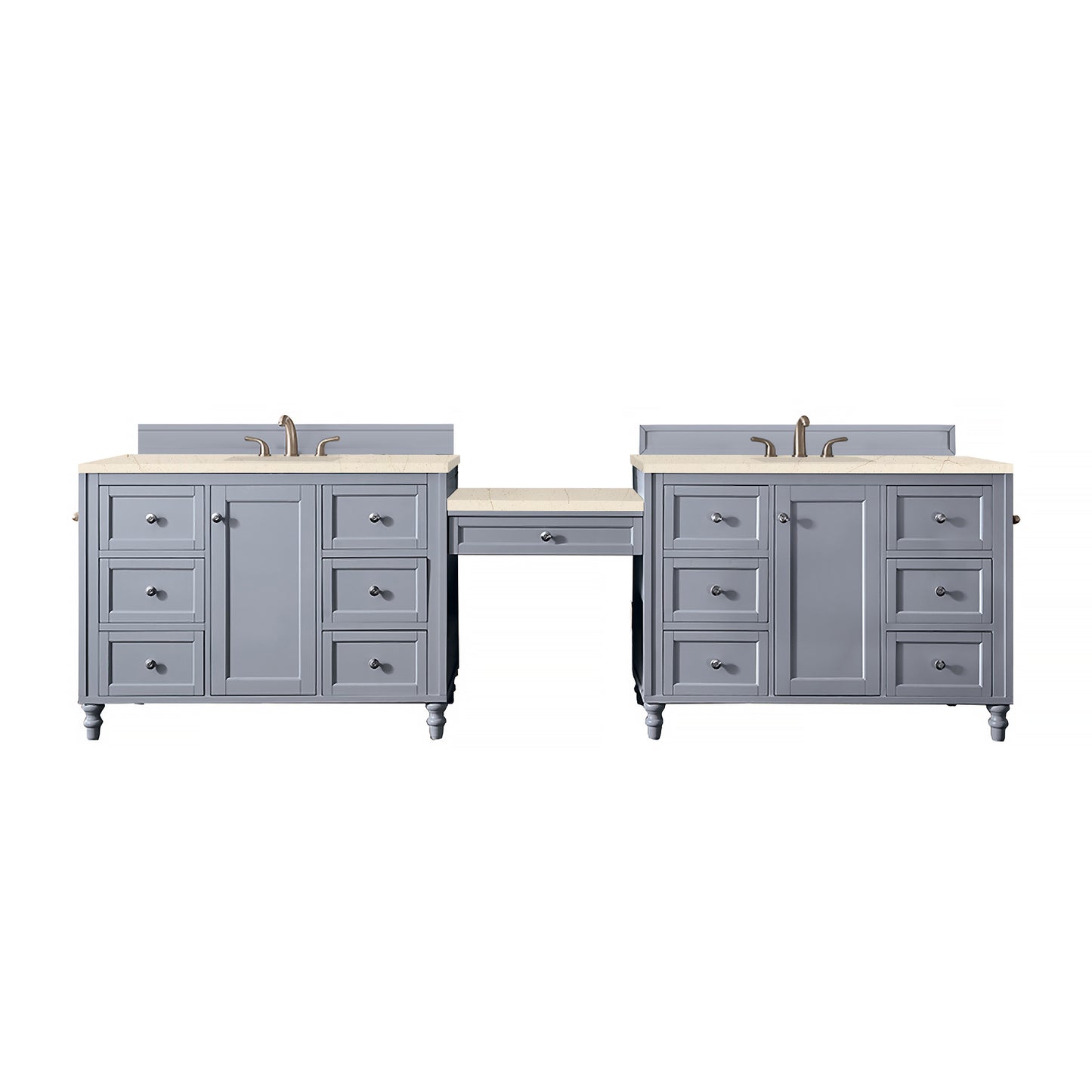 Copper Cove Encore 122" Double Vanity Set, Silver Gray w/ Makeup Table, 3 CM Eternal Marfil Quartz Top James Martin Vanities