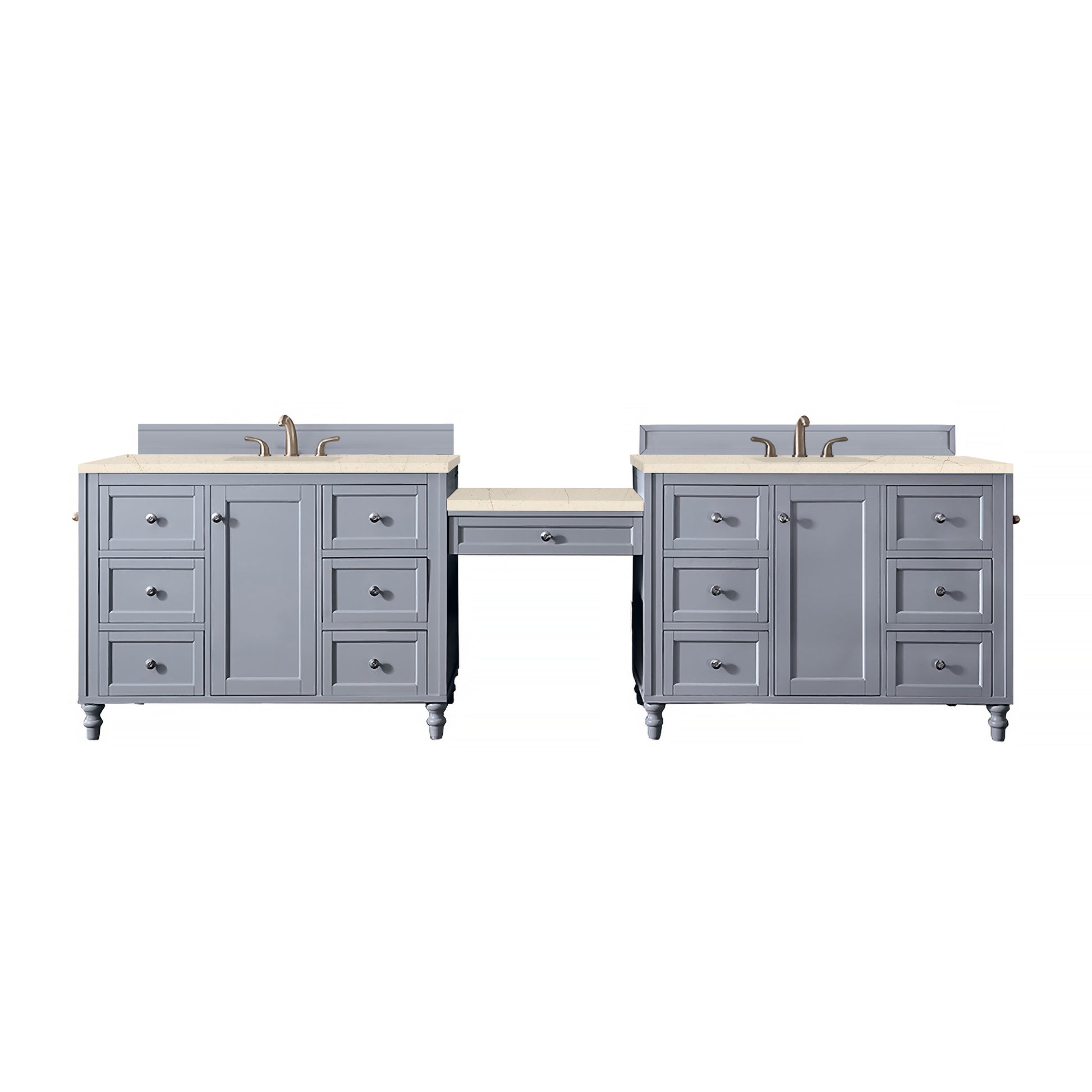 Copper Cove Encore 122" Double Vanity Set, Silver Gray w/ Makeup Table, 3 CM Eternal Marfil Quartz Top James Martin Vanities