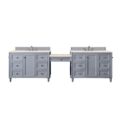 Copper Cove Encore 122" Double Vanity Set, Silver Gray w/ Makeup Table, 3 CM Eternal Marfil Quartz Top James Martin Vanities