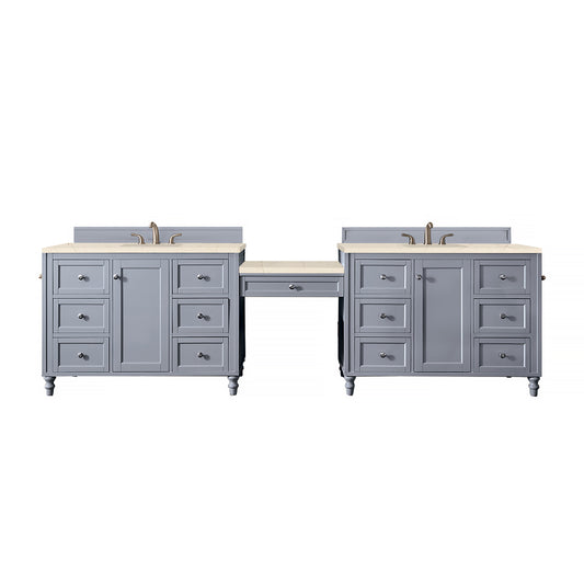 Copper Cove Encore 122" Double Vanity Set, Silver Gray w/ Makeup Table, 3 CM Eternal Marfil Quartz Top James Martin Vanities