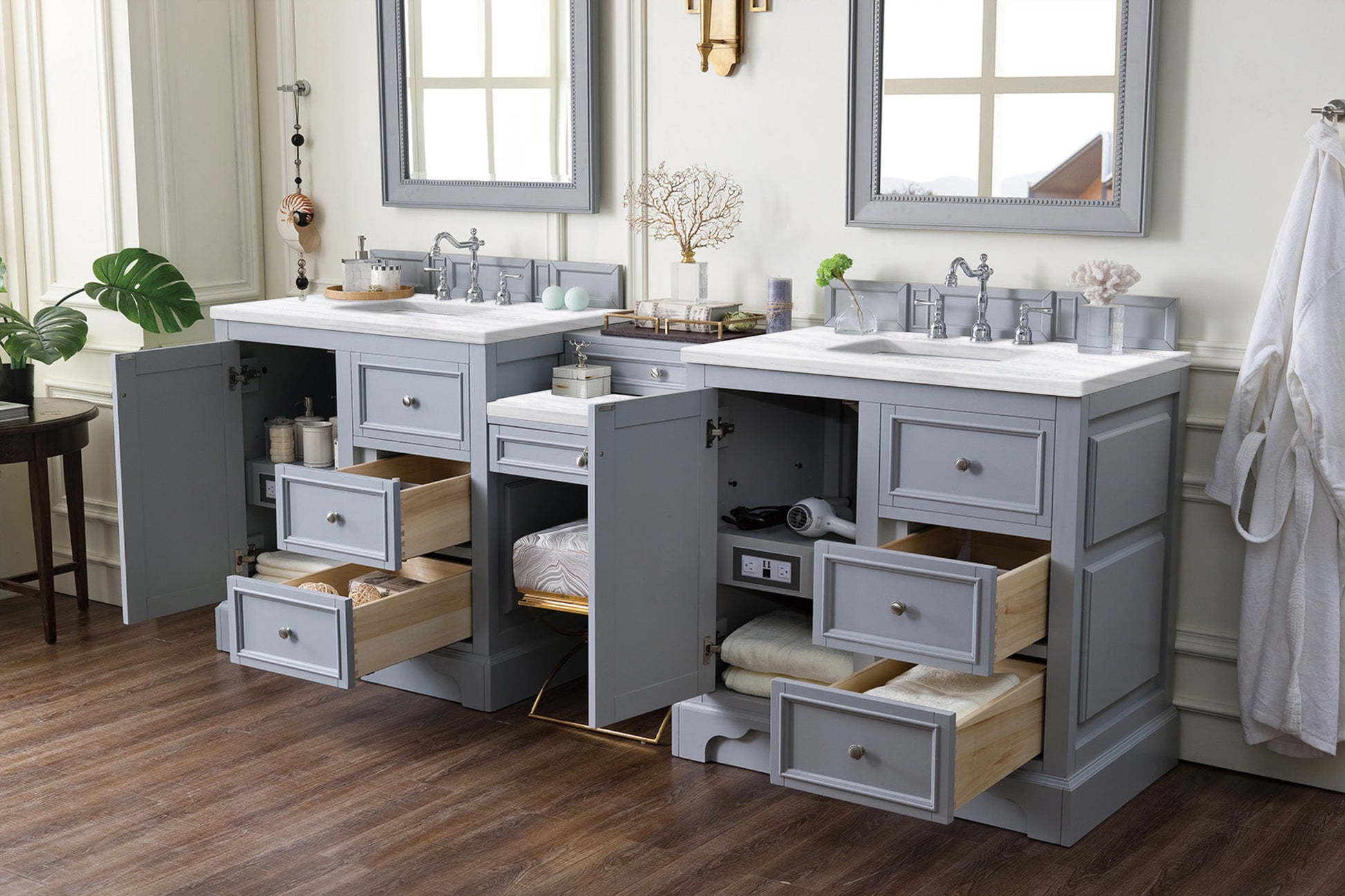 Bathroom Vanities Outlet Atlanta Renovate for LessDe Soto 94" Double Vanity Set, Silver Gray w/ Makeup Table, 3 CM Arctic Fall Solid Surface Top