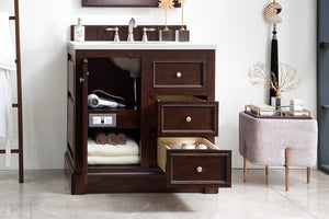 De Soto 36" Single Vanity, Burnished Mahogany w/ 3 CM White Zeus Quartz Top James Martin Vanities