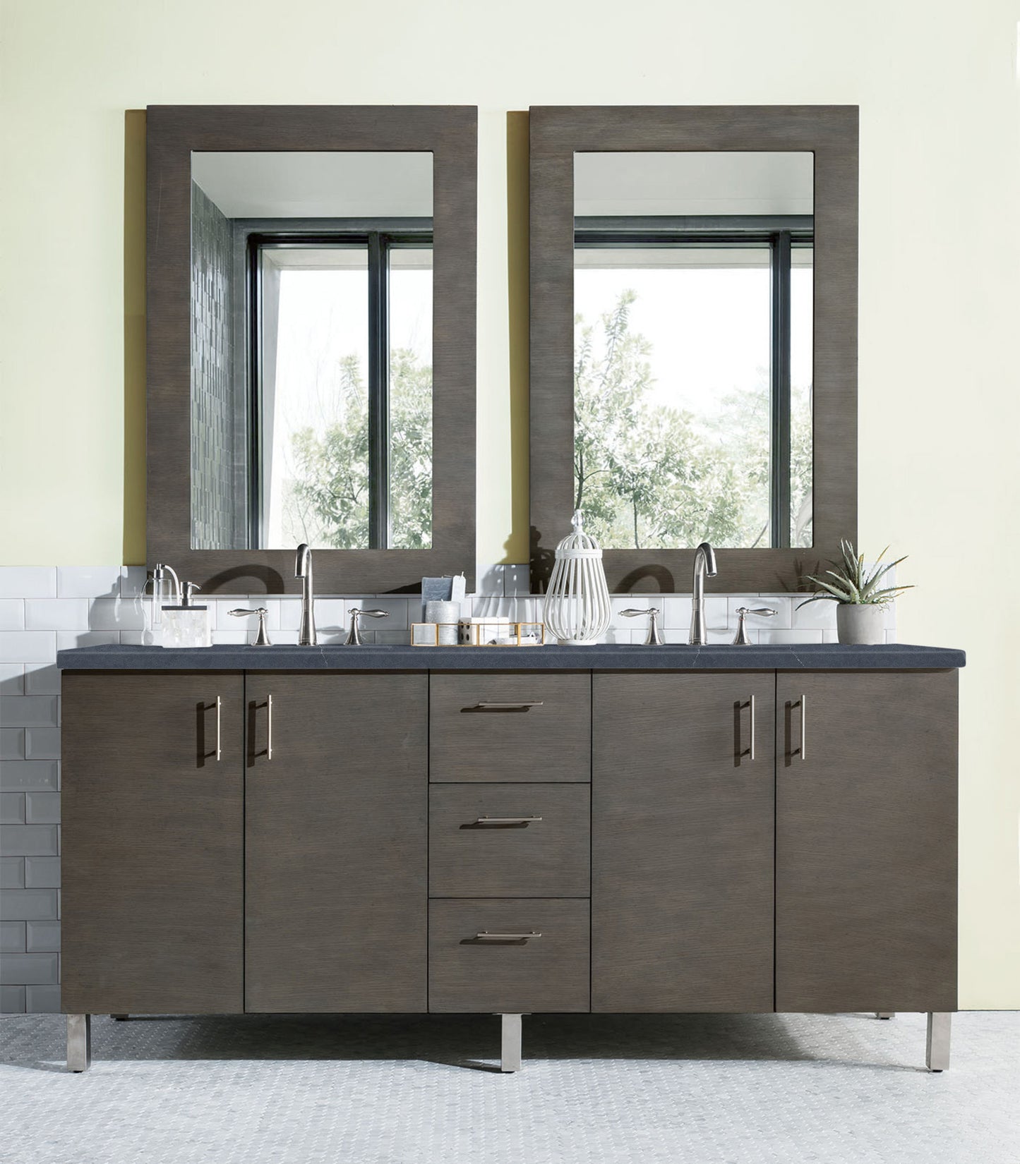 Metropolitan 72" Double Vanity, Silver Oak, w/ 3 CM Charcoal Soapstone Quartz Top James Martin Vanities