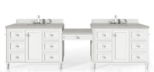 Load image into Gallery viewer, Copper Cove Encore 122&quot; Double Vanity Set, Bright White w/ Makeup Table, 3 CM Eternal Serena Quartz Top James Martin Vanities