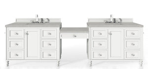 Copper Cove Encore 122" Double Vanity Set, Bright White w/ Makeup Table, 3 CM Eternal Serena Quartz Top James Martin Vanities