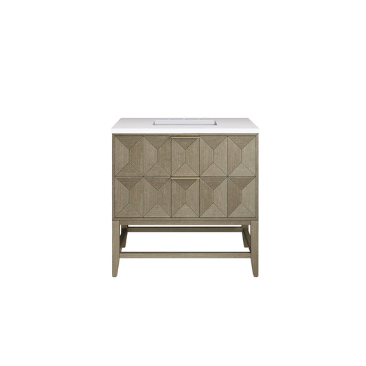 Emmeline 36" Single Vanity, Pebble Oak w/ 3CM White Zeus Top James Martin Vanities