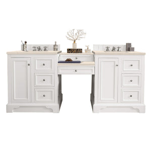 De Soto 82" Double Vanity Set, Bright White w/ Makeup Table, 3 CM Eternal Marfil Quartz Top James Martin