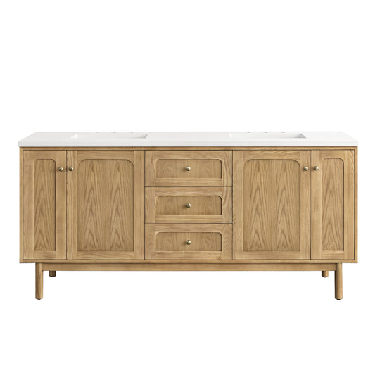 Laurent 72" Double Vanity, Light Natural Oak w/ 3CM White Zeus Top James Martin Vanities