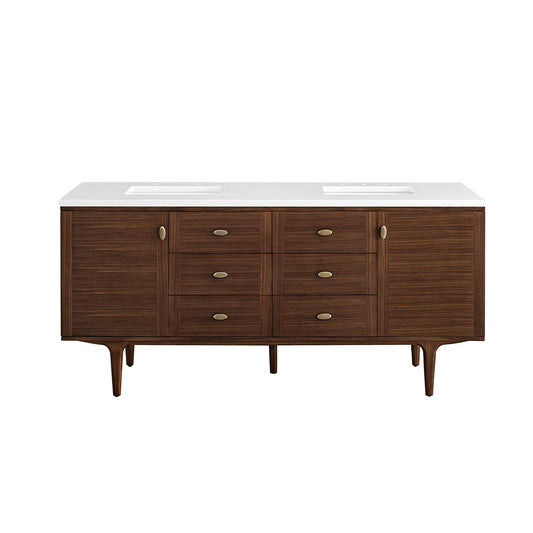 Amberly 72" Double Vanity, Mid-Century Walnut w/ 3CM White Zeus Top James Martin Vanities