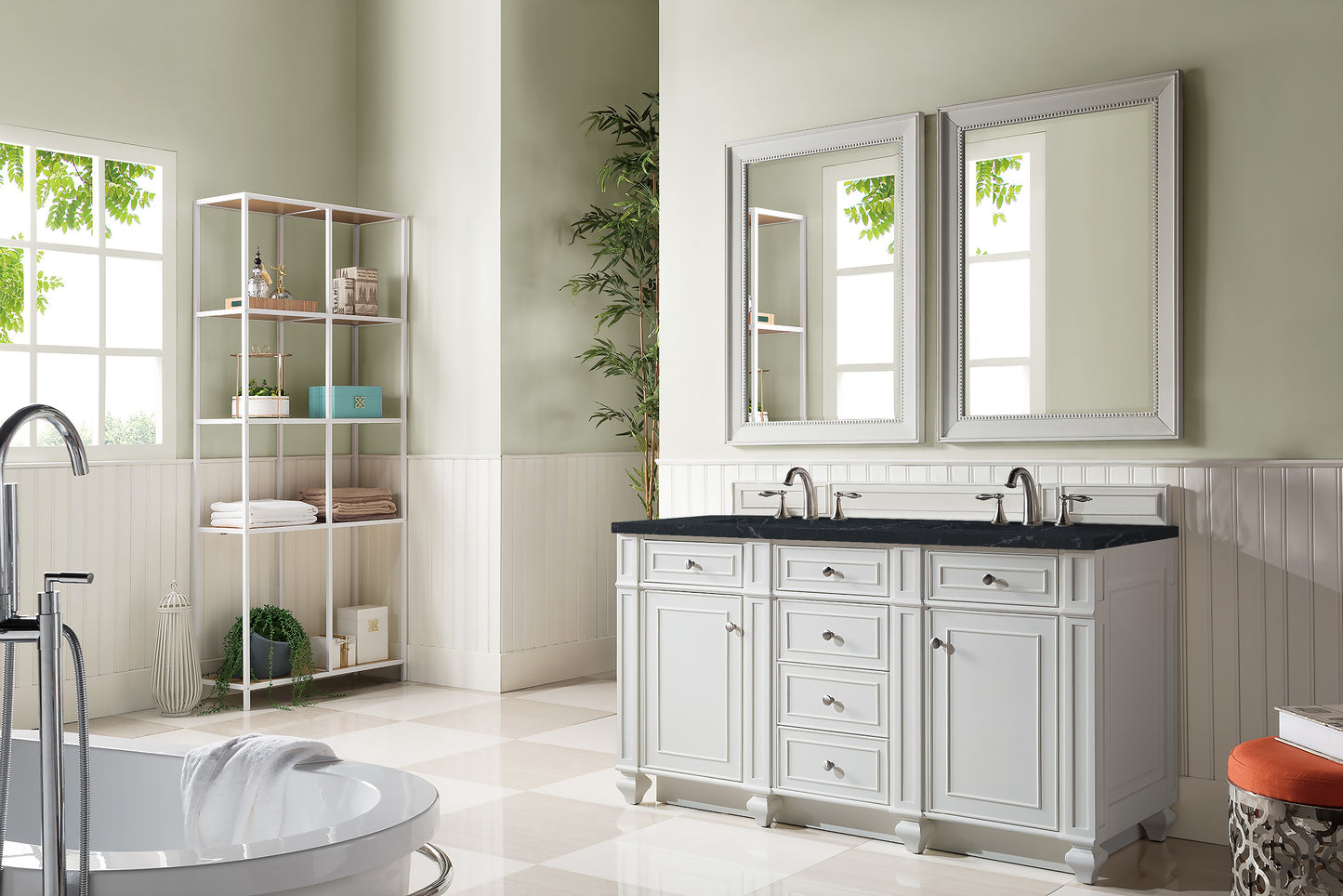 Bristol 60" Double Vanity, Bright White, w/ 3 CM Charcoal Soapstone Quartz Top James Martin Vanities
