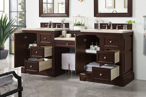 De Soto 82" Double Vanity Set, Burnished Mahogany w/ Makeup Table, 3 CM Eternal Marfil Quartz Top James Martin