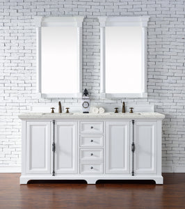 Providence 72" Double Vanity Cabinet, Bright White, w/ 3 CM Eternal Jasmine Pearl Quartz Top James Martin