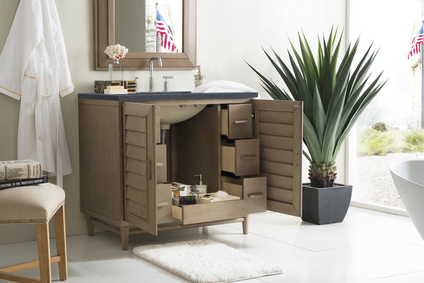 Portland 36" Single Vanity Whitewashed Walnut, w/ 3 CM Charcoal Soapstone Quartz Top James Martin Vanities