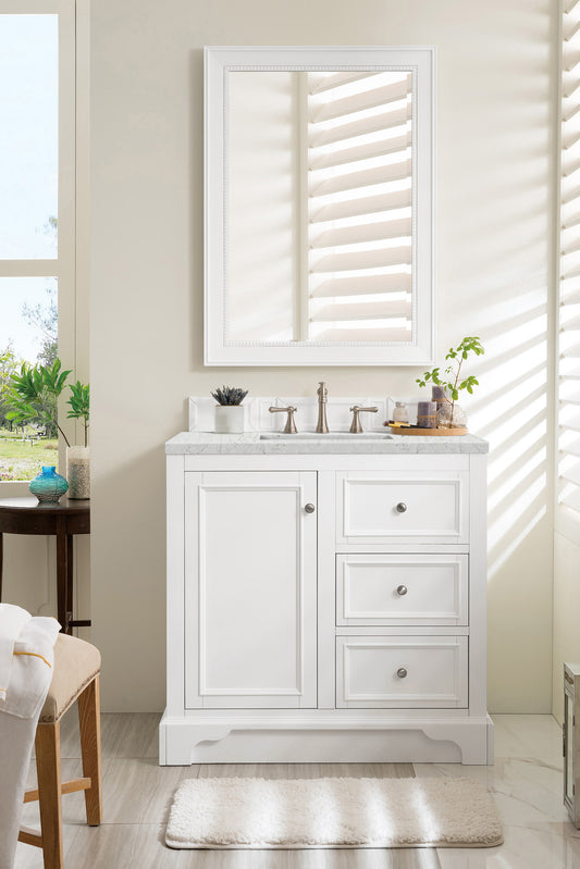 De Soto 36" Single Vanity, Bright White w/ 3 CM Eternal Jasmine Pearl Quartz Top James Martin Vanities