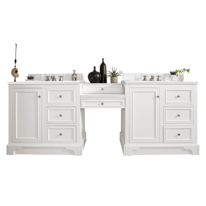De Soto 94" Double Vanity Set, Bright White w/ Makeup Table, 3 CM White Zeus Quartz Top James Martin Vanities