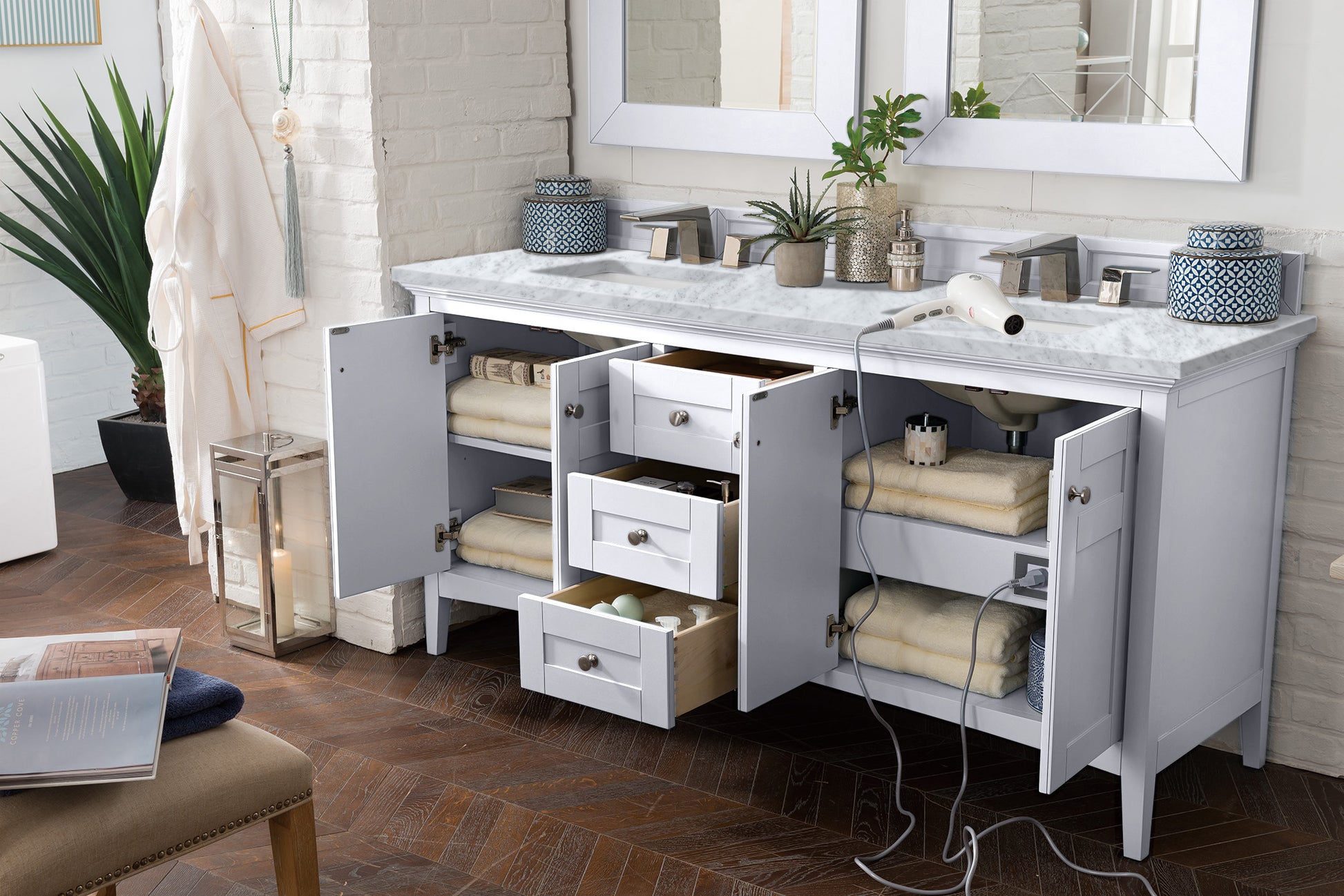 Bathroom Vanities Outlet Atlanta Renovate for LessPalisades 72" Double Vanity, Bright White w/ 3 CM Carrara Marble Top
