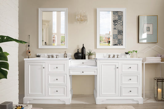 De Soto 94" Double Vanity Set, Bright White w/ Makeup Table, 3 CM Arctic Fall Solid Surface Top James Martin Vanities