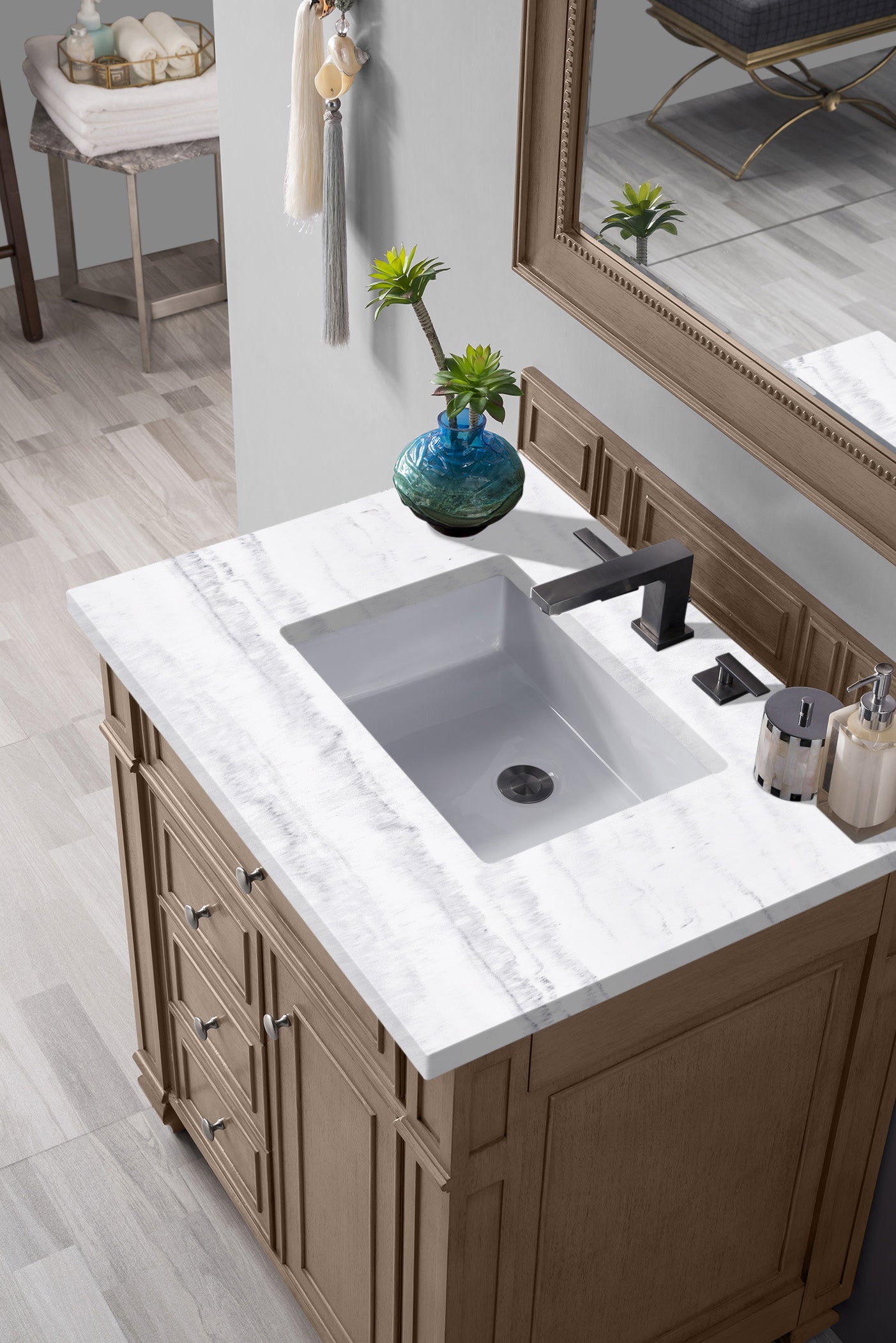 Bristol 30" Single Vanity, Whitewashed Walnut, w/ 3 CM Arctic Fall Solid Surface Top James Martin Vanities