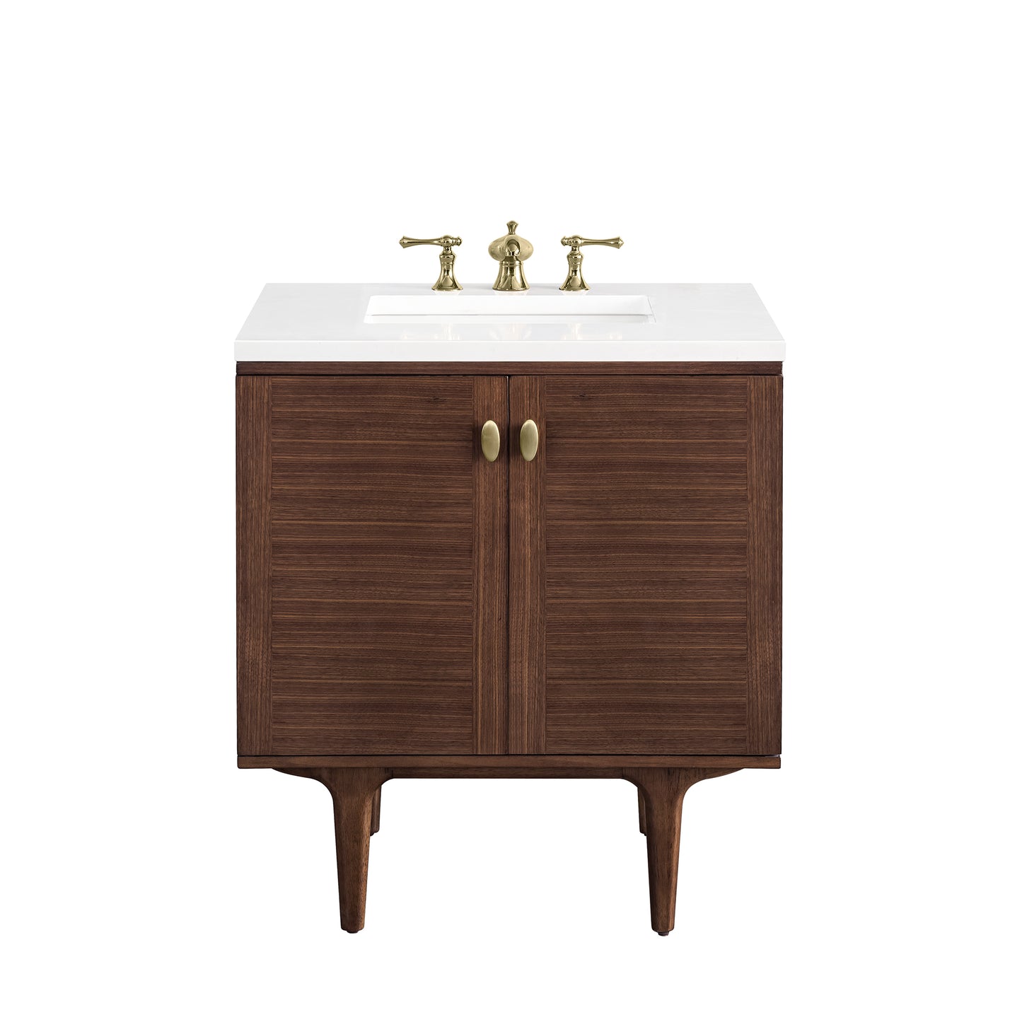 Amberly 30" Single Vanity, Mid-Century Walnut w/ 3CM White Zeus Top James Martin Vanities