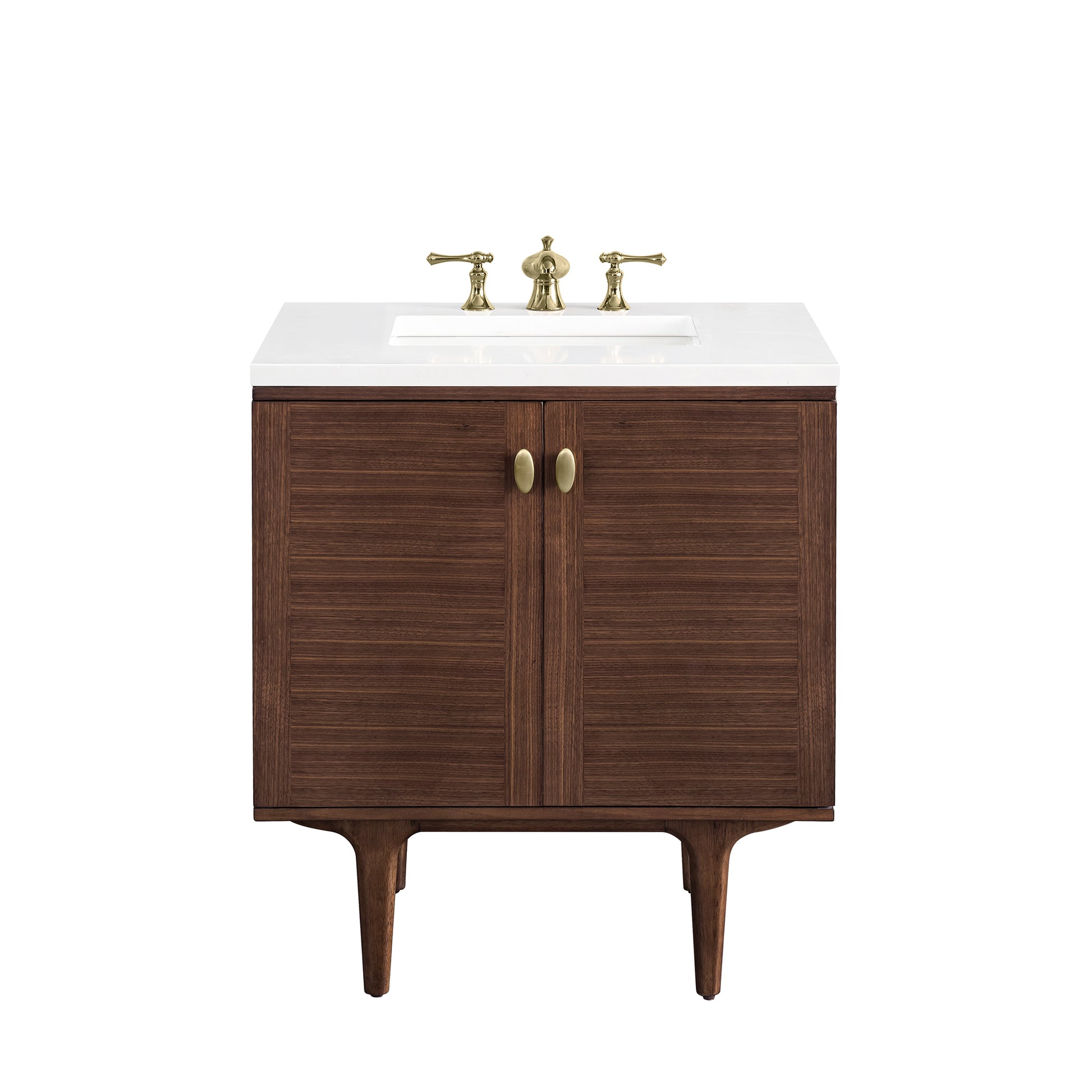 Amberly 30" Single Vanity, Mid-Century Walnut w/ 3CM White Zeus Top James Martin Vanities