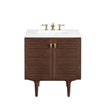 Amberly 30" Single Vanity, Mid-Century Walnut w/ 3CM White Zeus Top James Martin Vanities