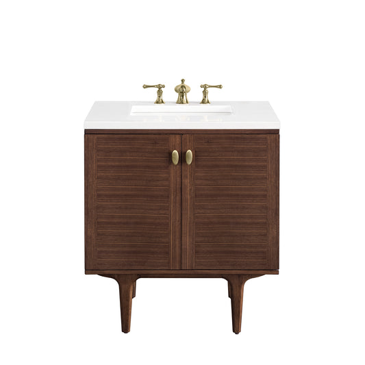 Amberly 30" Single Vanity, Mid-Century Walnut w/ 3CM White Zeus Top James Martin Vanities