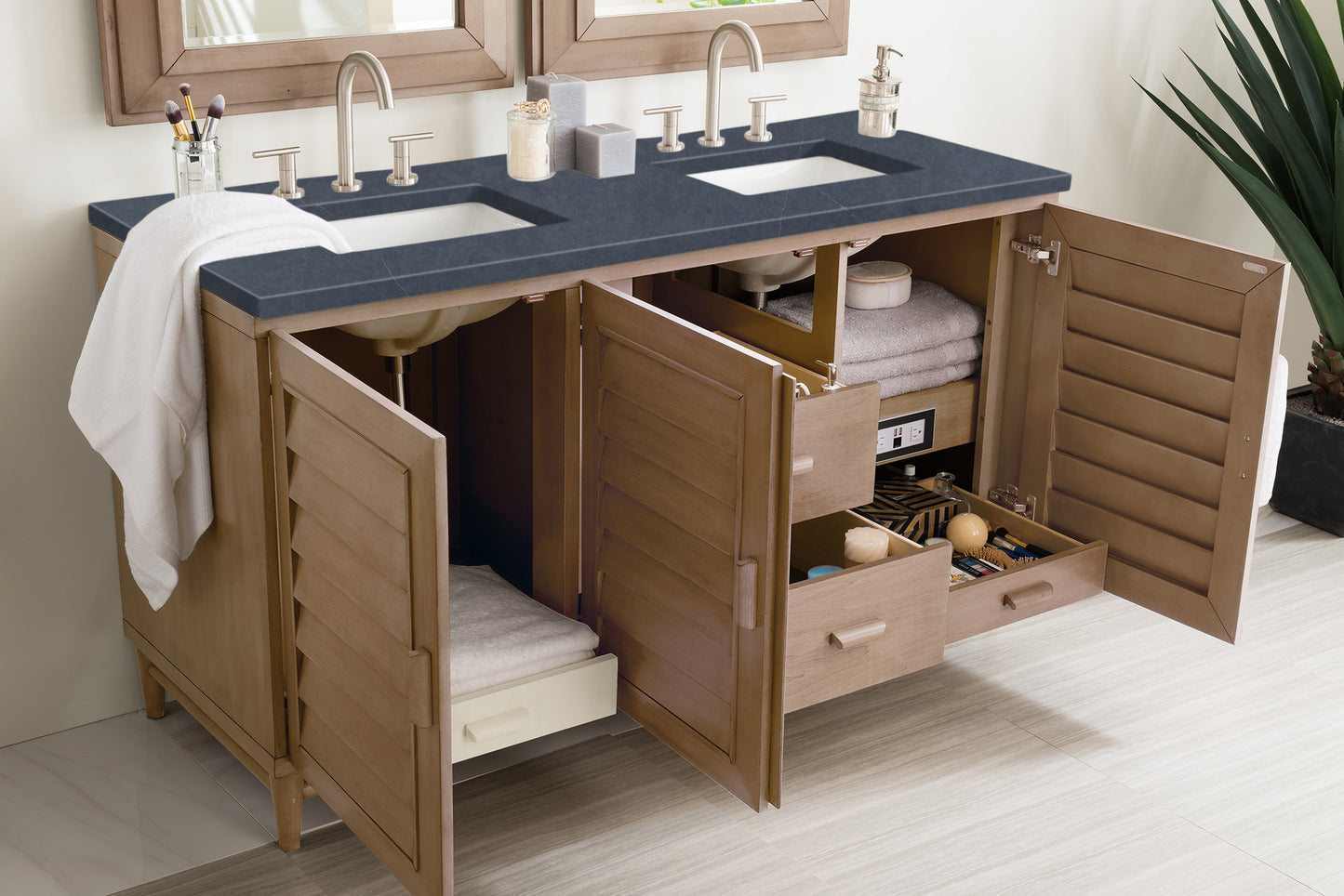 Portland 60" Double Vanity Whitewashed Walnut, w/ 3 CM Charcoal Soapstone Quartz Top James Martin Vanities