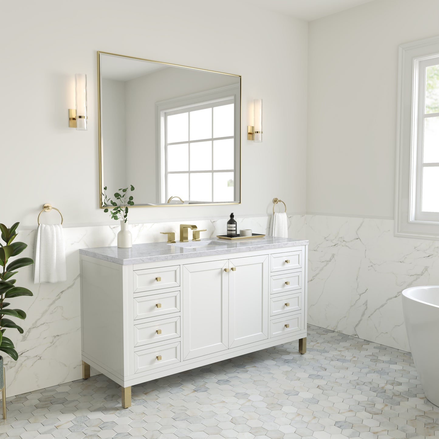 Chicago 60" Single Vanity, Glossy White w/ 3CM Carrara Marble Top James Martin Vanities