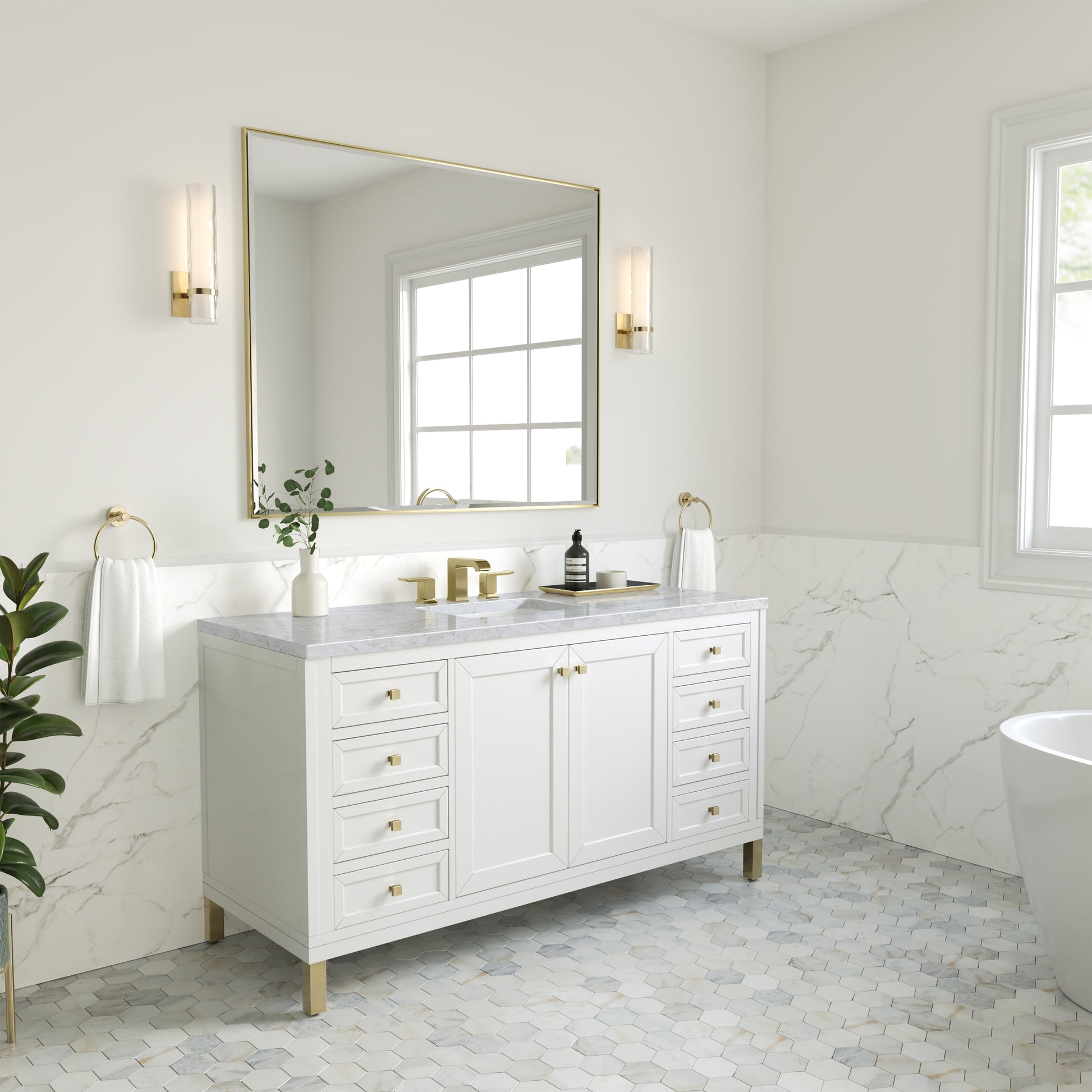 Chicago 60" Single Vanity, Glossy White w/ 3CM Carrara Marble Top James Martin Vanities