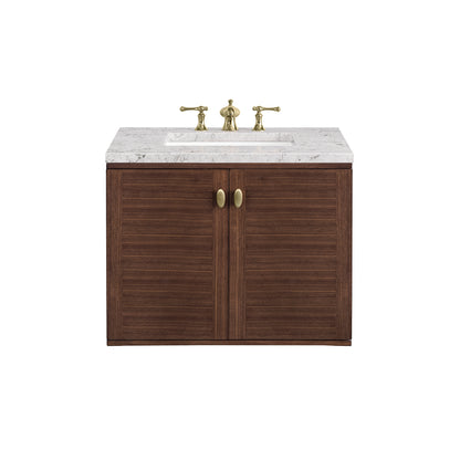 Amberly 30" Single Vanity, Mid-Century Walnut w/ 3CM Eternal Jasmine Pearl Top James Martin Vanities