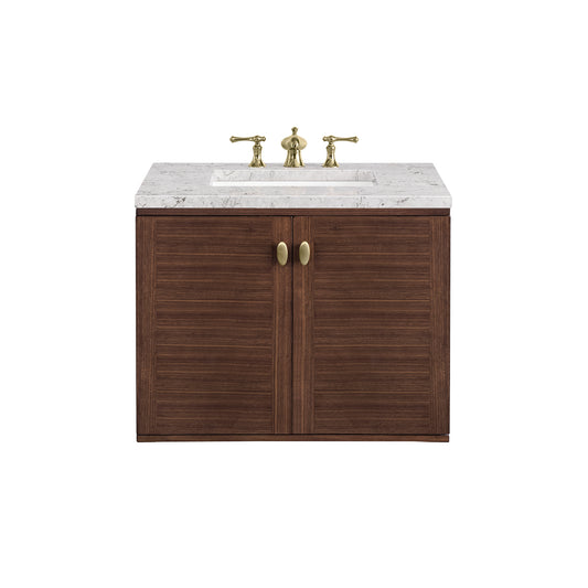 Amberly 30" Single Vanity, Mid-Century Walnut w/ 3CM Eternal Jasmine Pearl Top James Martin Vanities