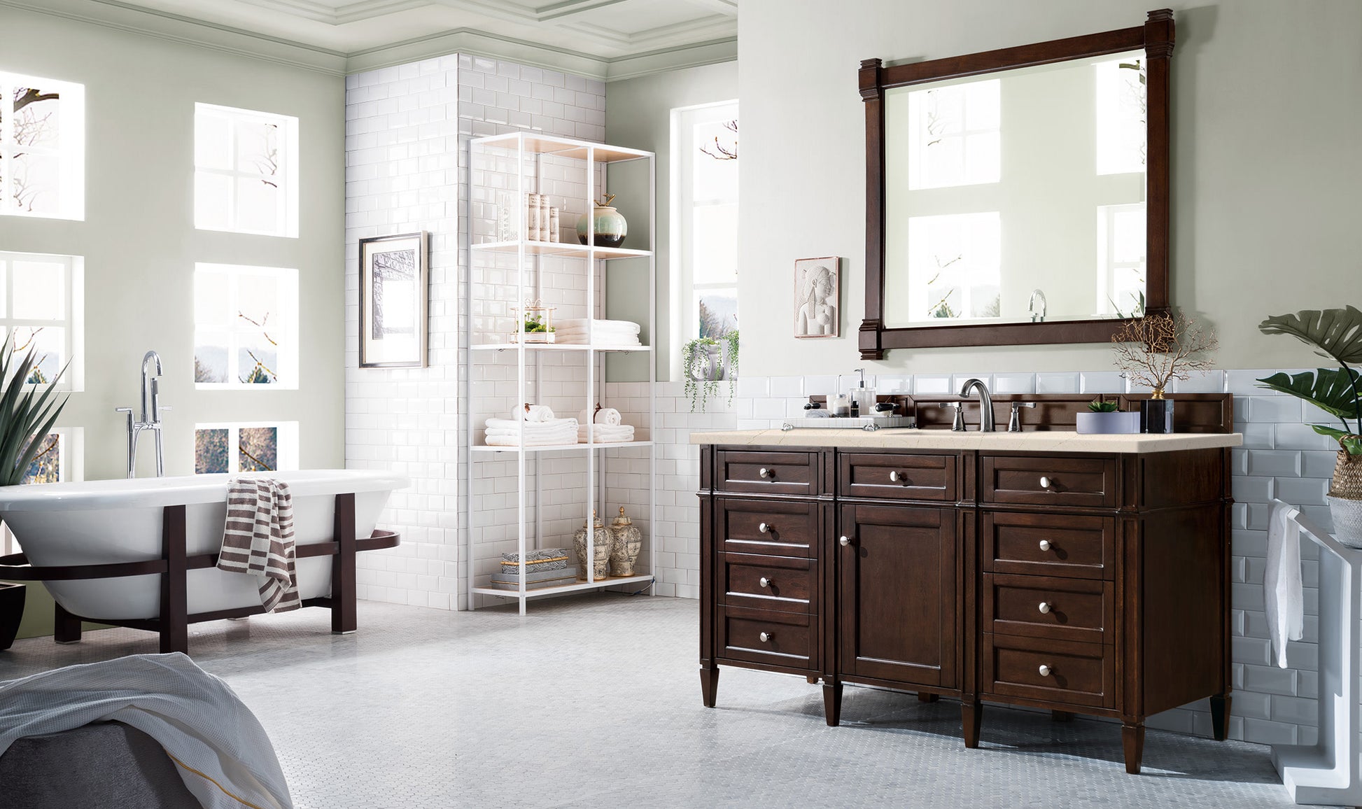 Brittany 60" Burnished Mahogany Single Vanity w/ 3 CM Eternal Marfil Quartz Top James Martin Vanities