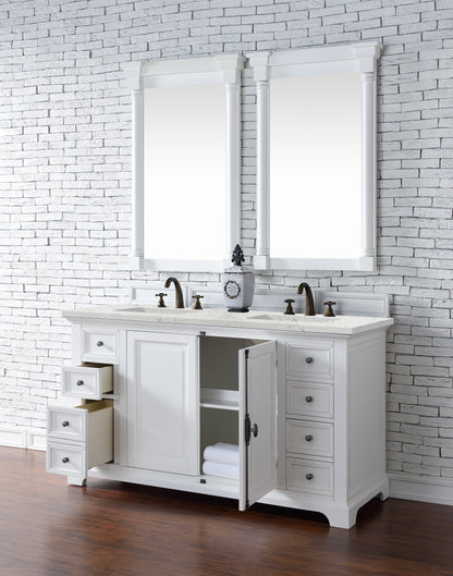 Providence 60" Double Vanity Cabinet, Bright White, w/ 3 CM Eternal Jasmine Pearl Quartz Top James Martin