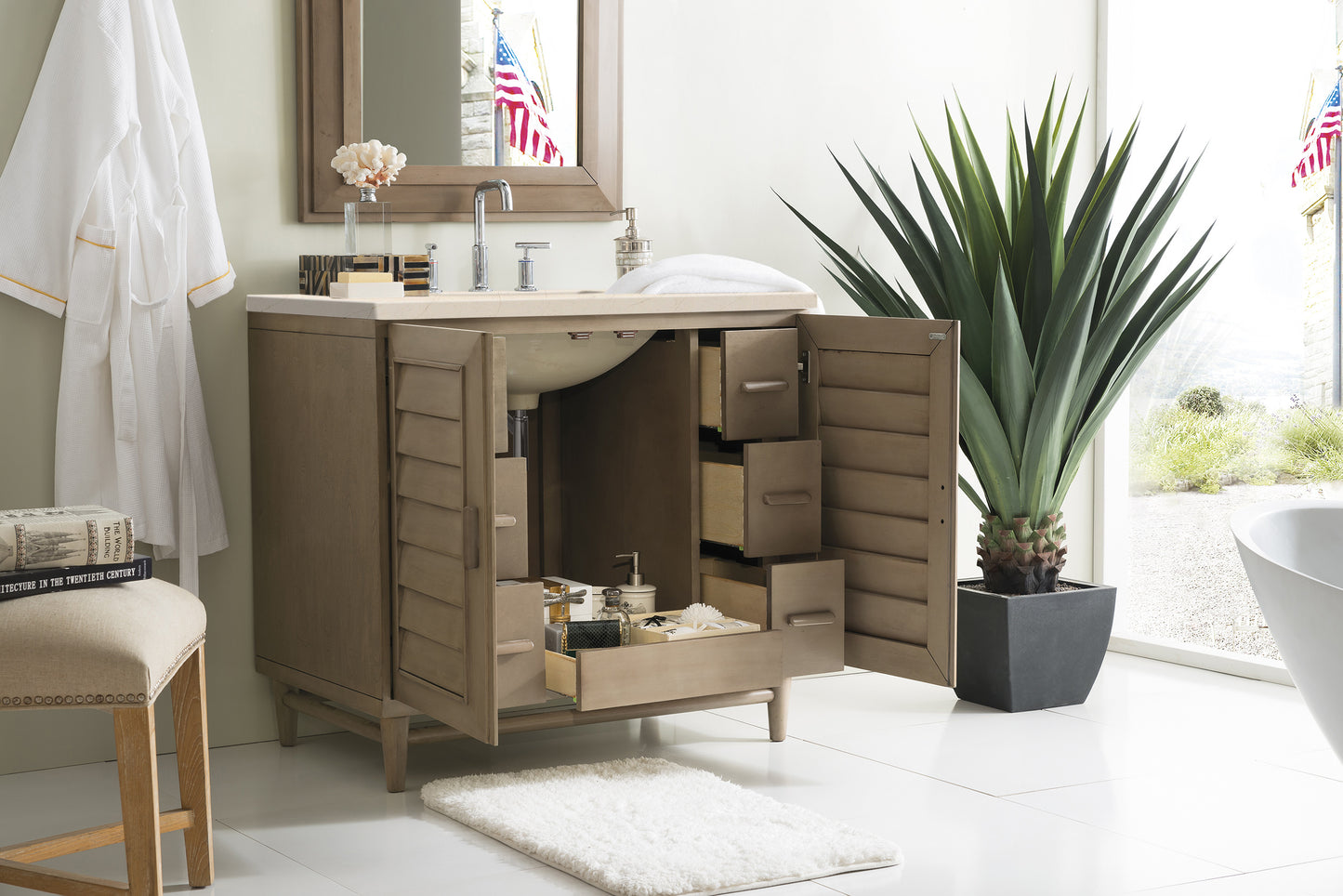 Portland 36" Single Vanity Whitewashed Walnut, w/ 3 CM Eternal Marfil Quartz Top James Martin Vanities