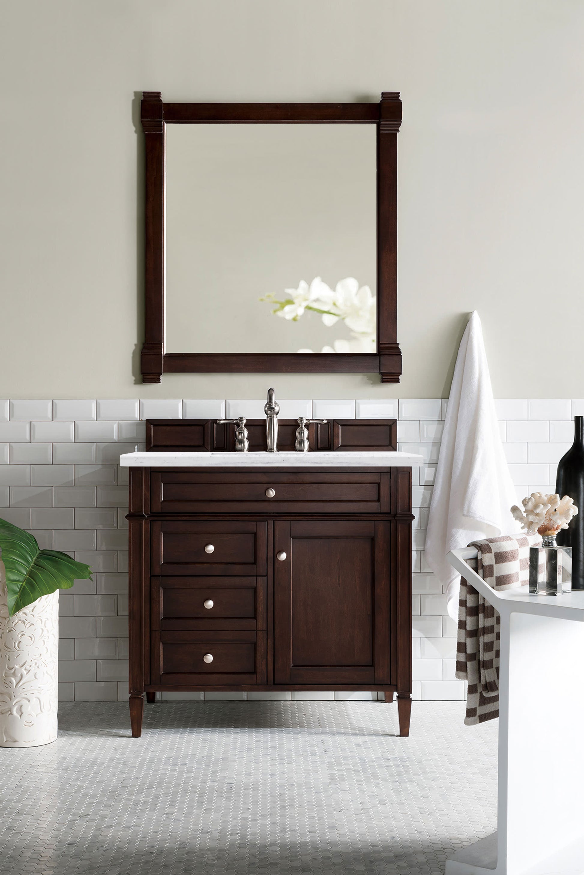 Brittany 36" Burnished Mahogany Single Vanity w/ 3 CM Arctic Fall Solid Surface Top James Martin Vanities