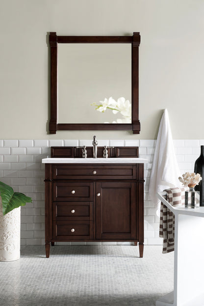 Brittany 36" Burnished Mahogany Single Vanity w/ 3 CM Arctic Fall Solid Surface Top James Martin Vanities