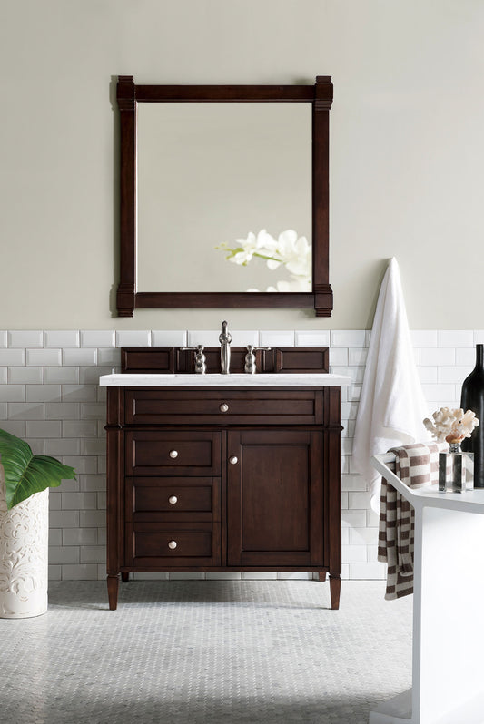 Brittany 36" Burnished Mahogany Single Vanity w/ 3 CM Arctic Fall Solid Surface Top James Martin Vanities