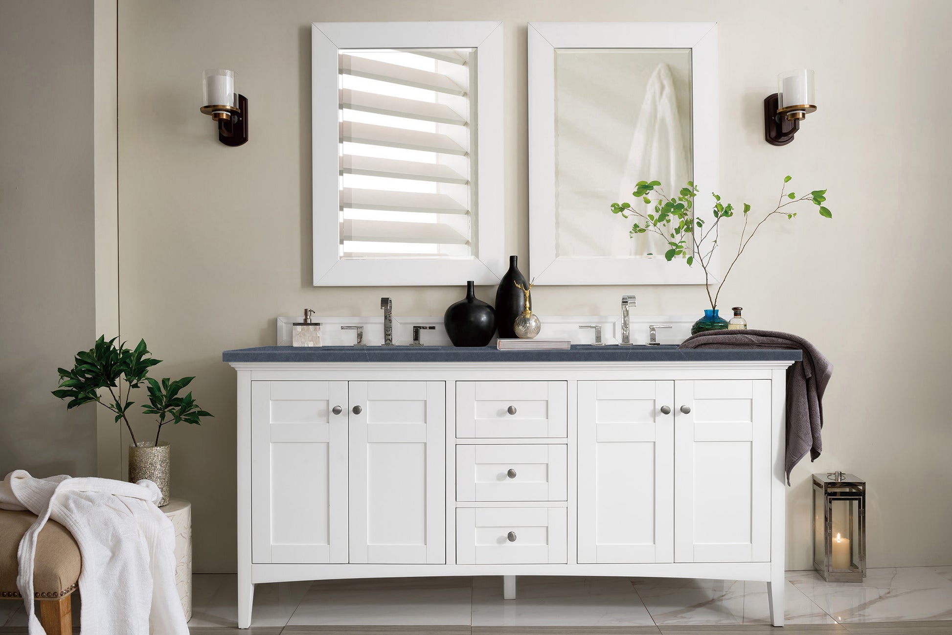Palisades 72" Double Vanity, Bright White, w/ 3 CM Charcoal Soapstone Quartz Top James Martin Vanities