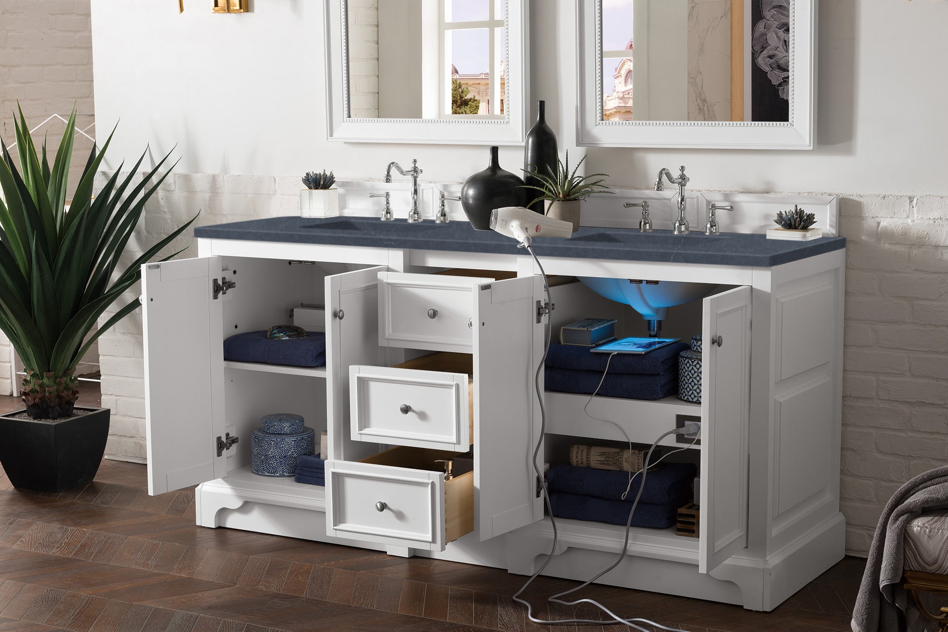 De Soto 72" Double Vanity, Bright White w/ 3 CM Charcoal Soapstone Quartz Top James Martin Vanities