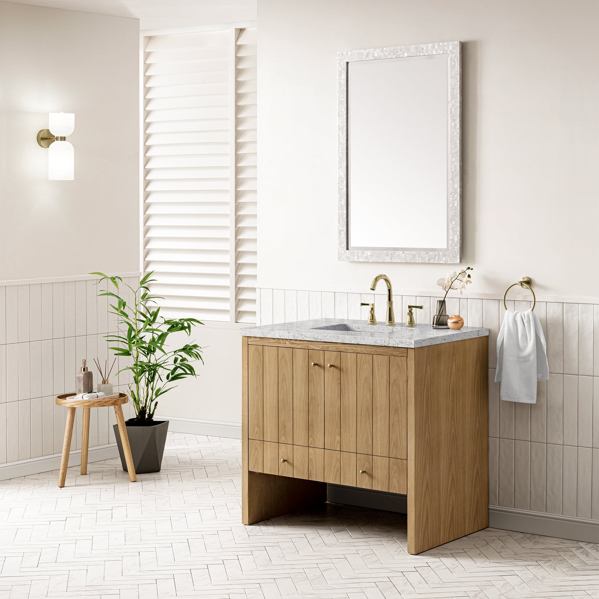 Hudson 36" Single Vanity, Light Natural Oak w/ 3CM Eternal Jasmine Pearl Top James Martin Vanities