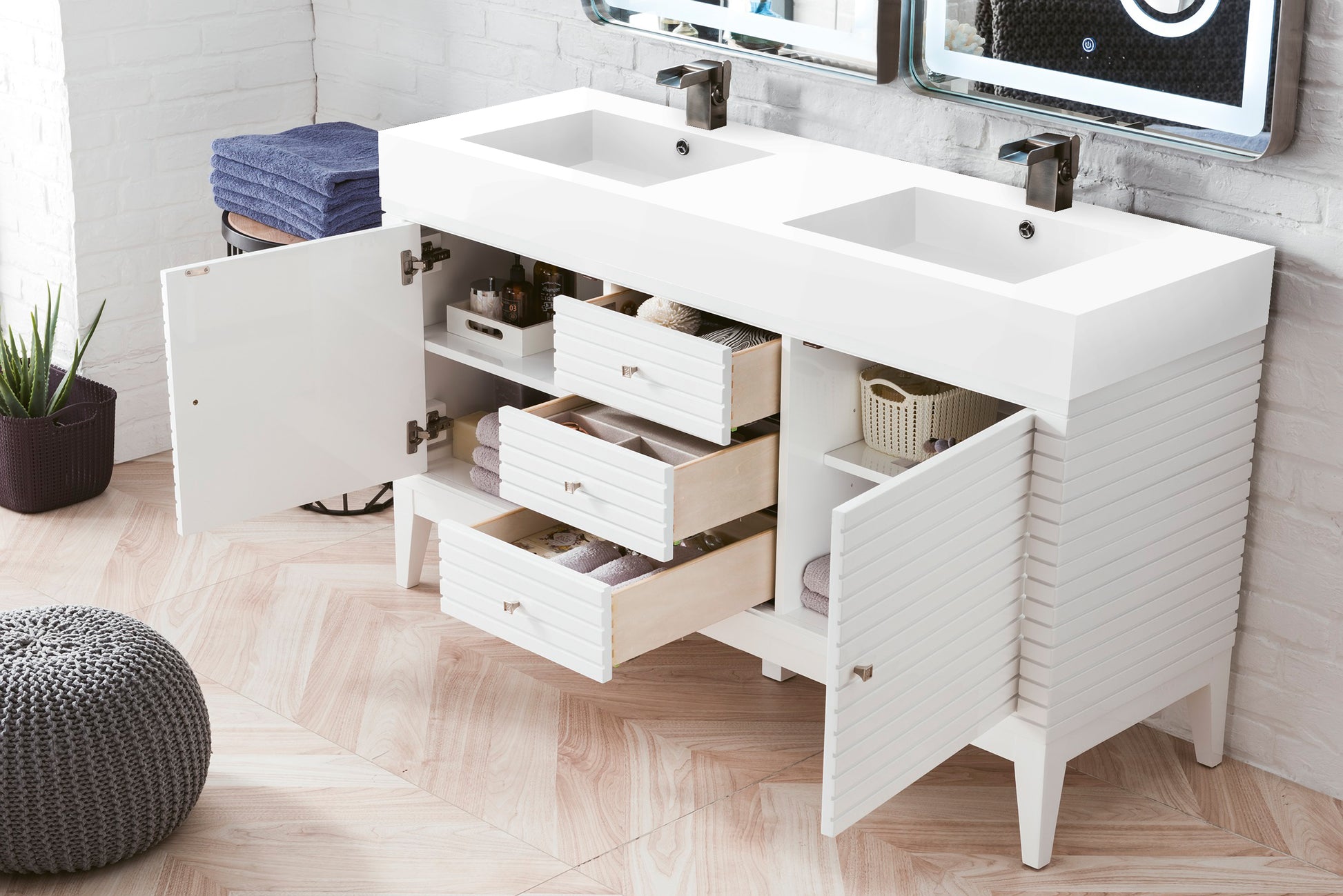 Linear 59" Double Vanity, Glossy White w/ Glossy White Composite Top James Martin Vanities