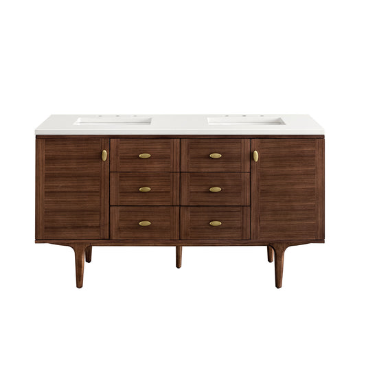 Amberly 60" Double Vanity, Mid-Century Walnut w/ 3CM White Zeus Top James Martin Vanities